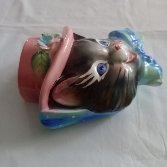 Norcrest Gray Kitty Cat Blue Bow Wall Pocket 1950s Japan Planter BROKEN FLAWED - Picture 5 of 9